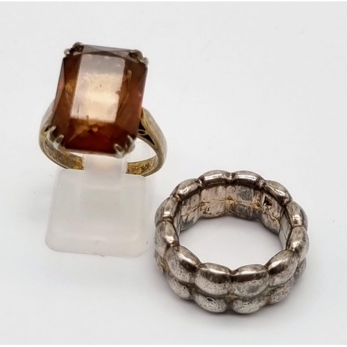 778 - A Vintage Large Silver Keepers Ring and A Vintage Silver Radiant Cut Citrine Ring. Size N and Q. 25g... 