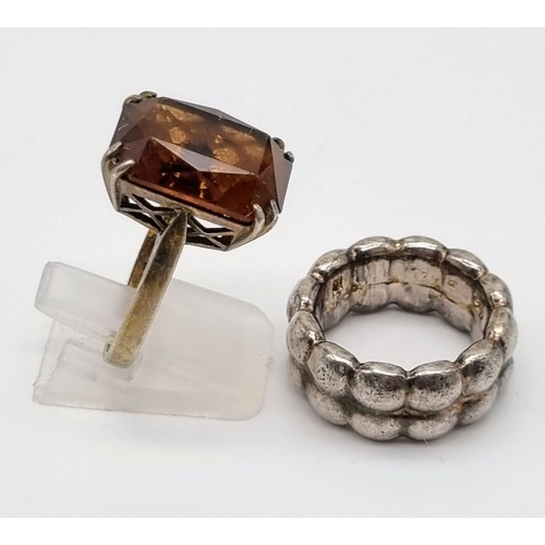 778 - A Vintage Large Silver Keepers Ring and A Vintage Silver Radiant Cut Citrine Ring. Size N and Q. 25g... 