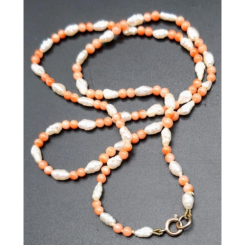 537 - A Coral and Seed Pearl Necklace and Bracelet. 40 and 18cm.