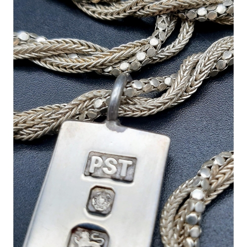 654 - A 1977 Sterling Silver Jubilee Ingot on a Sterling Silver Twisted Rope Necklace. Hallmarks for Sheff... 