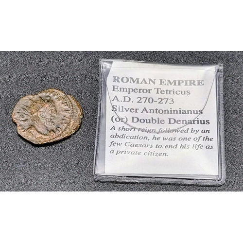 22 - An Ancient Roman Emperor Tetricus Silver Double Denarius Coin. 2.95g. Please see photos for conditio... 