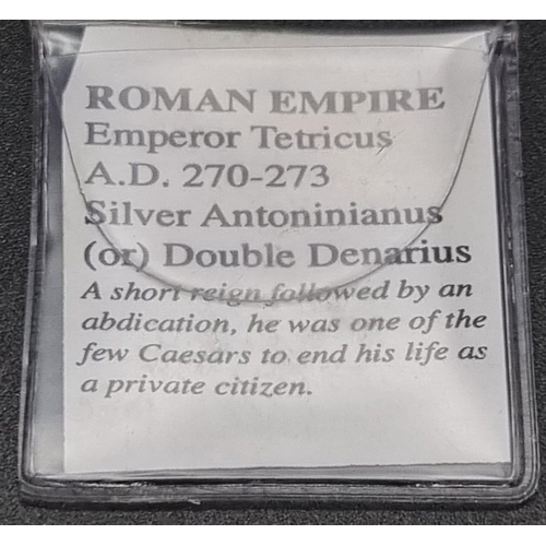 22 - An Ancient Roman Emperor Tetricus Silver Double Denarius Coin. 2.95g. Please see photos for conditio... 