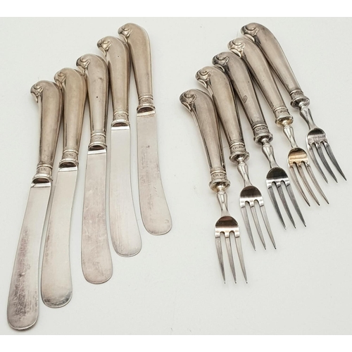 1007 - A 10 piece vintage set of pastries cutlery, silver handled, all hallmarked, 17cm in length