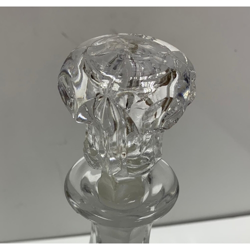 1028 - High quality antique cut glass decanter. Slight damage on stopper. Height 34.5cm, Width 12cm