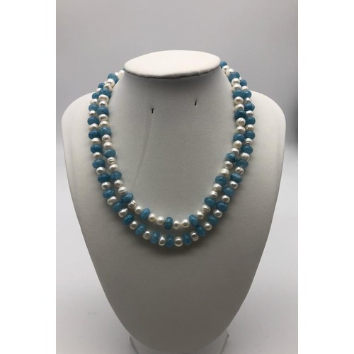 1077 - A Freshwater Pearl and Aquamarine Two-Row 925 Silver Necklace and Earring Set. 42cm. 1cm drop.