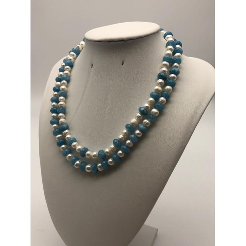 1077 - A Freshwater Pearl and Aquamarine Two-Row 925 Silver Necklace and Earring Set. 42cm. 1cm drop.