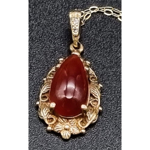 346 - A Vintage 9K Yellow Gold Carnelian Pendant on a 9K Yellow Gold Disappearing Necklace. 2 and 44cm. 3.... 