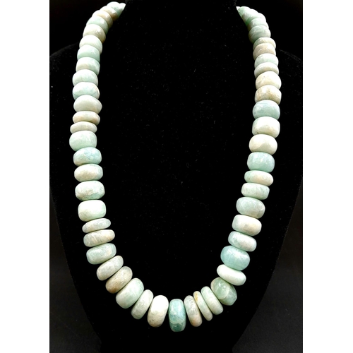 104 - A Beautiful Natural 800ct Pale Green Amazonite Rondelle Bead Necklace. Beads 10 x 17mm. 50cm.