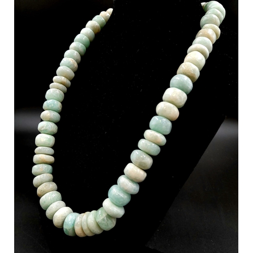 104 - A Beautiful Natural 800ct Pale Green Amazonite Rondelle Bead Necklace. Beads 10 x 17mm. 50cm.