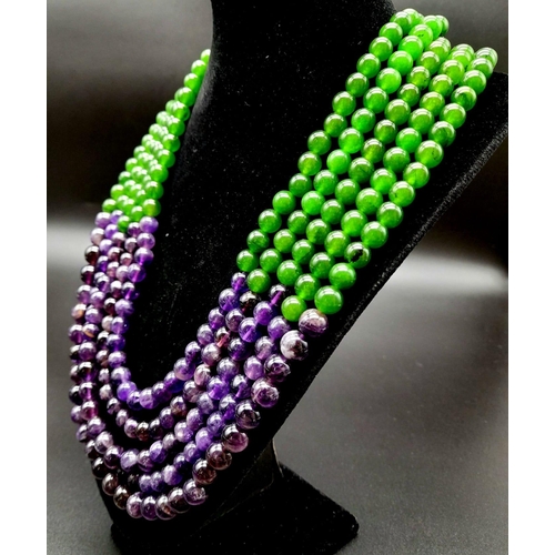 136 - A 1050ct Green and Purple Haze of Jade and Amethysts in a Five-Strand Necklace. 8mm beads. 46-50cm.