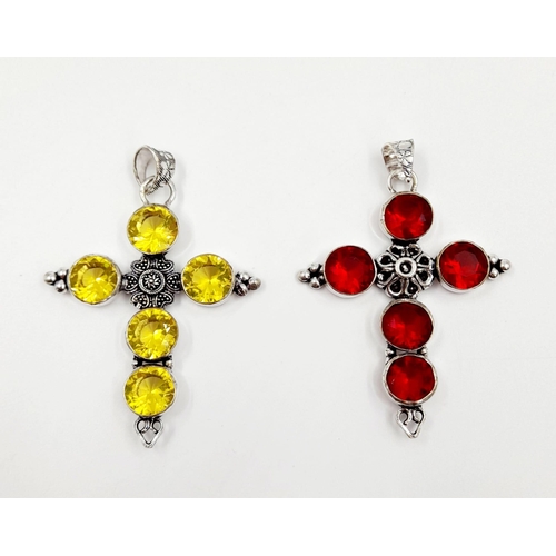 1197 - A Red and Yellow Stone Cross Pendant set in 925 Silver Plate. 5 x 4cm.