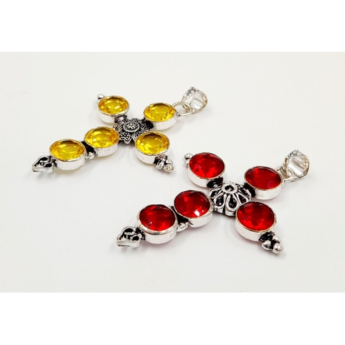 1197 - A Red and Yellow Stone Cross Pendant set in 925 Silver Plate. 5 x 4cm.