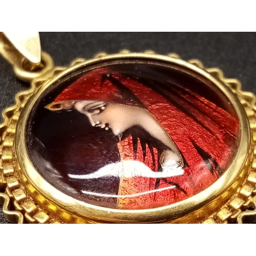 798 - An Antique French 20K Yellow Gold Enamel Miniature Portrait of a Red Hooded Lady Pendant. 4cm. 5.6g ... 