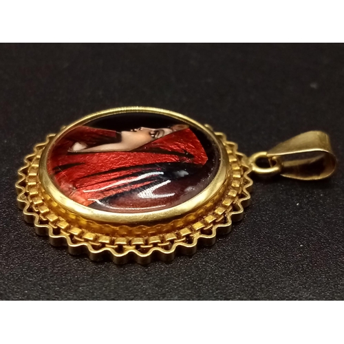 798 - An Antique French 20K Yellow Gold Enamel Miniature Portrait of a Red Hooded Lady Pendant. 4cm. 5.6g ... 