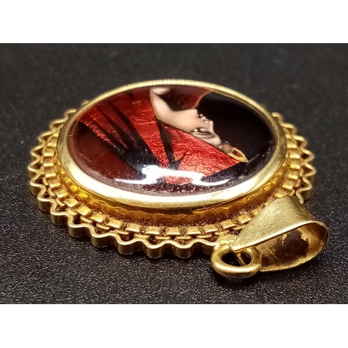 798 - An Antique French 20K Yellow Gold Enamel Miniature Portrait of a Red Hooded Lady Pendant. 4cm. 5.6g ... 