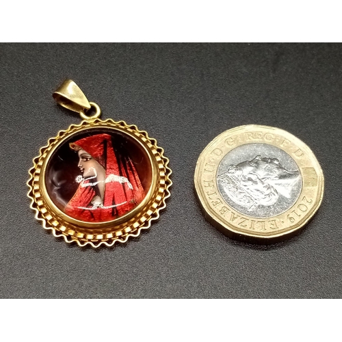 798 - An Antique French 20K Yellow Gold Enamel Miniature Portrait of a Red Hooded Lady Pendant. 4cm. 5.6g ... 