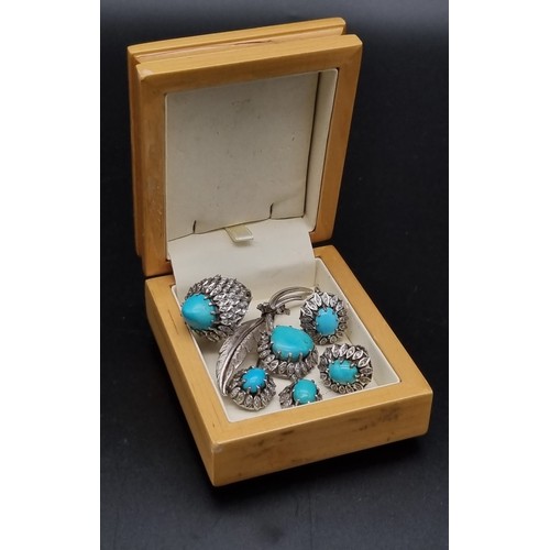 818 - A Vintage Persian 18K White Gold Turquoise and Diamond Jewellery Set. To include: 18K white gold tur... 