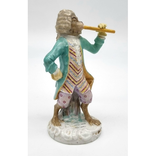 825 - An Antique 19th Century German Meissen Well-Dressed Monkey Figure Playing a Flute. 13.5cm. Meissen m... 