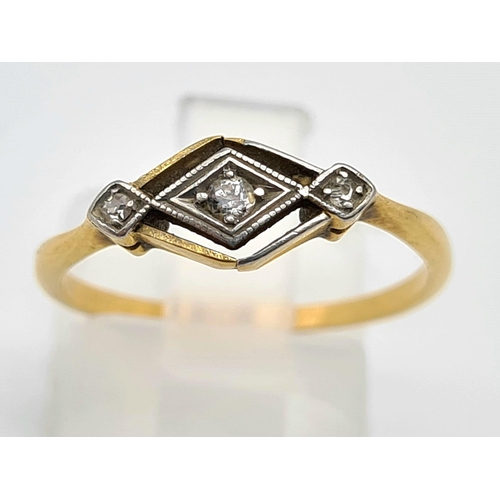 36 - An 18K Yellow Gold Three-Stone Diamond, Rhombus Designed Ring. Size O. 1.87g.