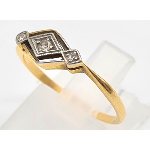 36 - An 18K Yellow Gold Three-Stone Diamond, Rhombus Designed Ring. Size O. 1.87g.