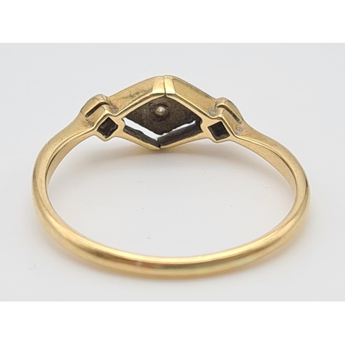 36 - An 18K Yellow Gold Three-Stone Diamond, Rhombus Designed Ring. Size O. 1.87g.