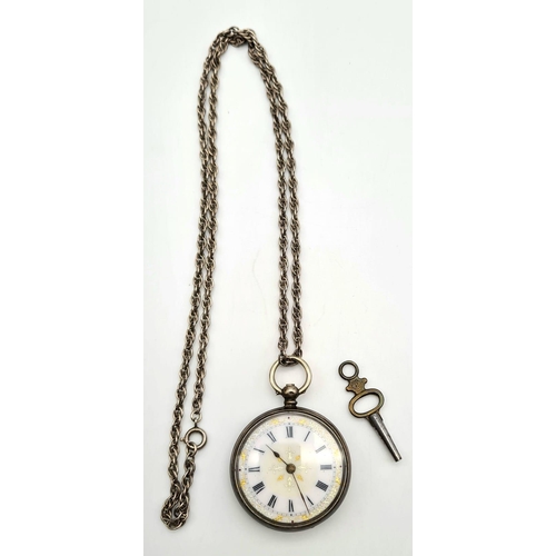 387 - A Silver (800) Antique Miniature Pocket watch with Fob and Key. A/F. 49.2g total weight.