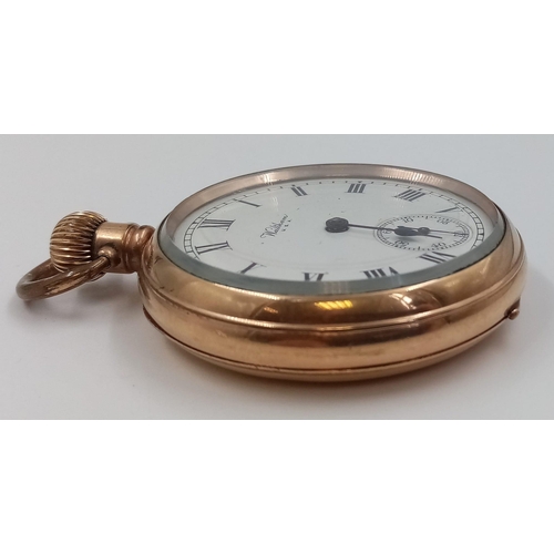 409 - An Antique Waltham Gold Plated Pocket Watch. Top winder. Dennison case. 5cm diameter. In working ord... 