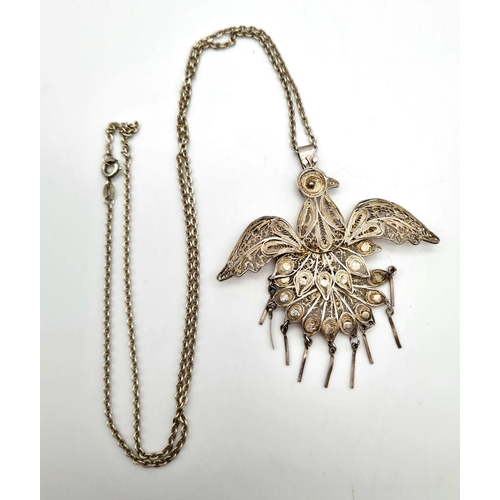 481 - A Lovely Vintage Silver Filigree Peacock Pendant on a Silver Necklace. 4.5cm and 50cm. 10.1g total w... 