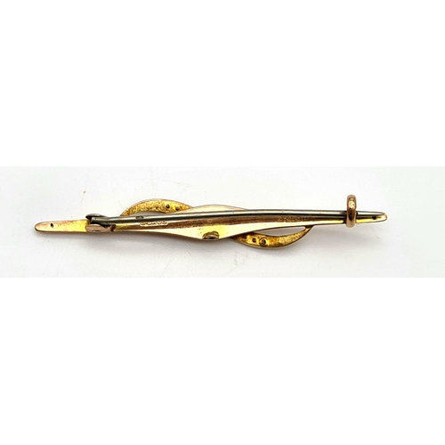 482 - A Vintage 9K Yellow Gold and Seed Pearl Brooch with white metal pin. 1.45g total weight. 5cm