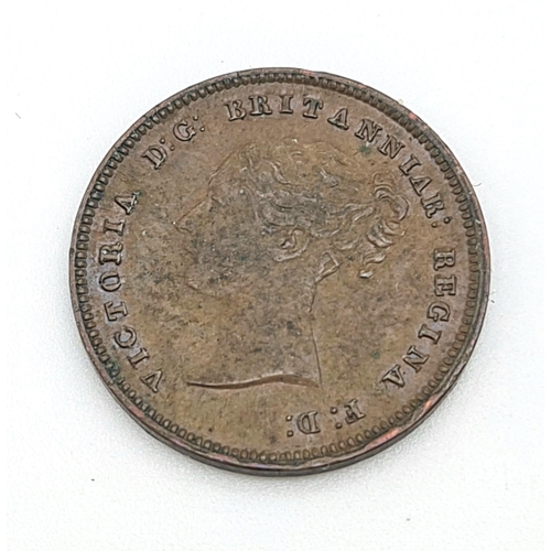 736 - An 1844 Copper Half Farthing Coin. Extremely fine. Obverse features the head of young Queen Victoria... 