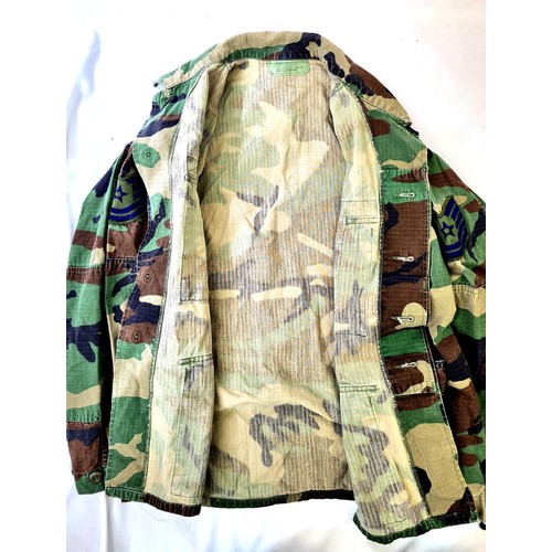 942 - Two Vintage US Air Force Camouflage Jackets with badges, names and insignias both size small