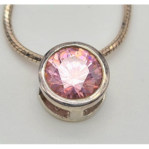 949 - Sterling Silver Pink Round Cut Faceted Stone Set Pendant Necklace 46 cm Sterling Silver Rope Style C... 