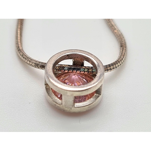 949 - Sterling Silver Pink Round Cut Faceted Stone Set Pendant Necklace 46 cm Sterling Silver Rope Style C... 