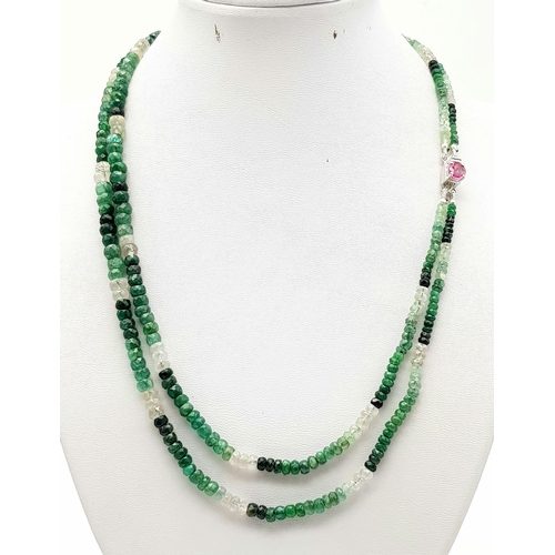 865 - A 155ct , Two row shaded emerald bead necklace with ruby clasp in 925 silver. 44cm.