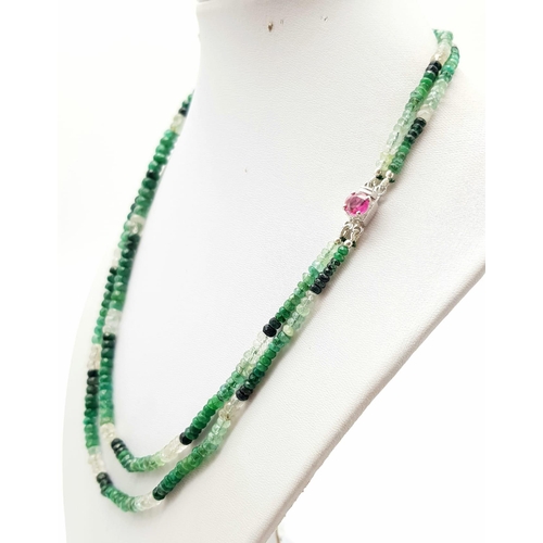 865 - A 155ct , Two row shaded emerald bead necklace with ruby clasp in 925 silver. 44cm.