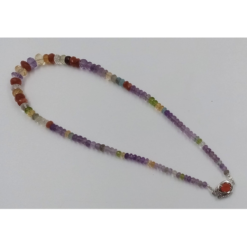 531 - An Amethyst, Carnelian, Citrine, Multigemstone Necklace with Carnelian Clasp on 925 silver, 18 inche... 