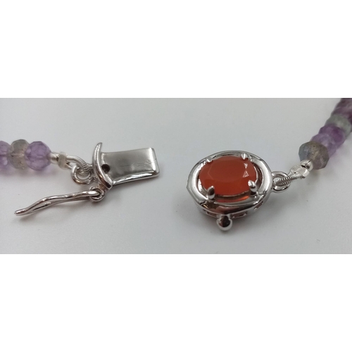 531 - An Amethyst, Carnelian, Citrine, Multigemstone Necklace with Carnelian Clasp on 925 silver, 18 inche... 