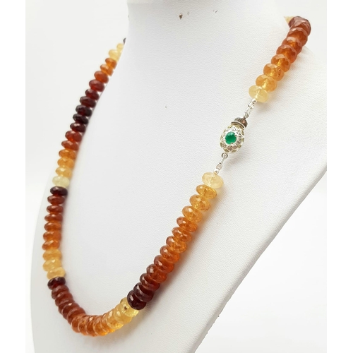 863 - A 385ct Hessonite Garnet Gemstone Necklace with Carnelian Clasp in 925 Silver. 44cm.