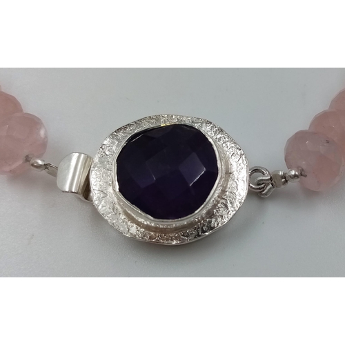 696 - A 400ct Rose Quartz Gemstone Necklace with Amethyst Beads and Amethyst Clasp in 925 silver. 44cm.