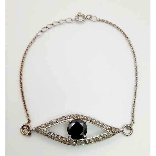 750 - A 2ct Black Moissanite Evil Eye bracelet with rose cut diamonds. 18cm.