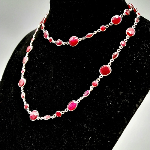 947 - A Ruby Gemstone Long Necklace in 925 Silver. 30 Inches long.