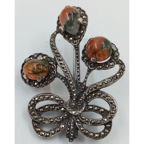 748 - A Vintage Moissanite and Dendritic Banded Agate Bow Brooch - set in sterling silver. Birmingham 1968... 