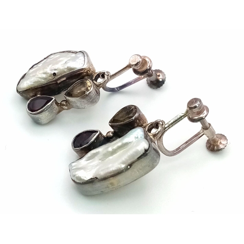 548 - A Vintage Pair of Silver Earrings Set with semi-precious stones 3cm drop