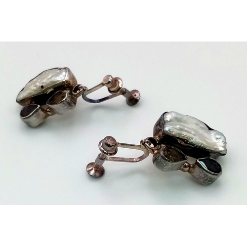 548 - A Vintage Pair of Silver Earrings Set with semi-precious stones 3cm drop