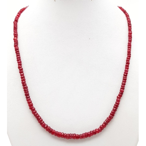 708 - A 90ct Single Strand Ruby Gemstone Necklace. 42cm