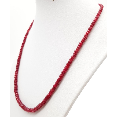 708 - A 90ct Single Strand Ruby Gemstone Necklace. 42cm