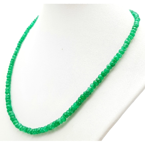 836 - A 70ct Emerald Gemstone Single Strand Necklace, 18 inches.