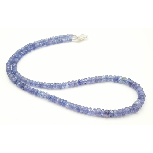 859 - An 89ct Single Strand Tanzanite Gemstone necklace with 925 Silver clasp. 40cm.