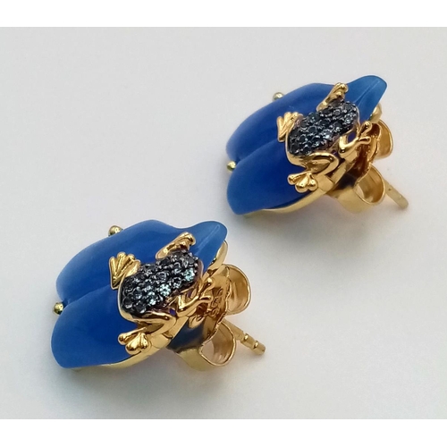 1146 - A Pair of Blue Jade and Gilded Topaz Frog Earrings.