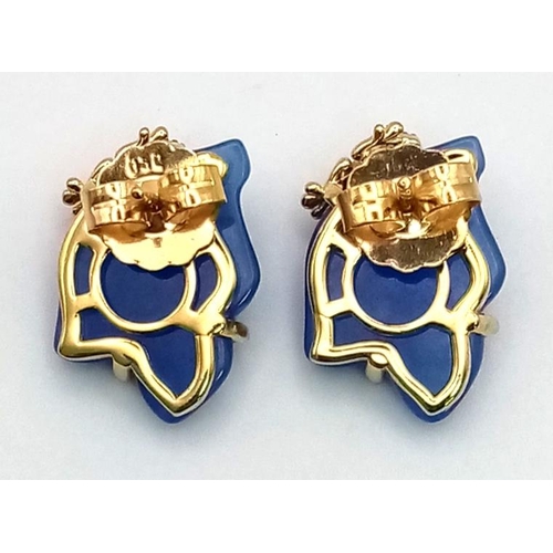 1146 - A Pair of Blue Jade and Gilded Topaz Frog Earrings.